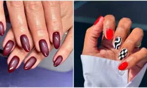 Deux styles de mains : d'un côté, des ongles bordeaux dégradé, de l'autre, des ongles rouges vifs avec des motifs noir et blanc. Chic ongle rouge deco.