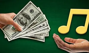 Hands exchange money for a musical note, symbolizing music funding.