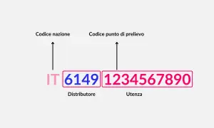 Il POD è un codice identificativo univoco per un punto di prelievo. La sigla IT indica la nazione, seguita dal codice distributore e dall'utenza.