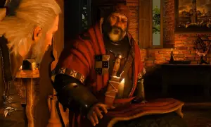 Geralt rozmawia z brodatym mężczyzną w czerwonej szacie. To ważne w Wiedźmin 3 sprawy rodzinne.