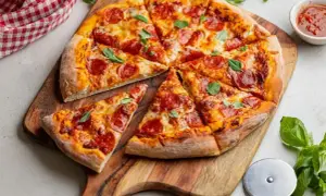 Apetyczna pizza pepperoni z ciągnącym się serem i świeżą bazylią, podana na drewnianej desce.