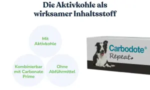 Carbodote Repeat: Aktivkohle für den Hund. Hilft bei Verdauungsproblemen, ohne Abführmittel.