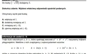 Fragment zadania z matematyki z pytaniem o liczbę i wzorami na trójki pitagorejskie.