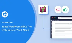 El logo de Yoast SEO aparece junto a iconos de pulgar arriba/abajo y una ventana de navegador, indicando su función para optimizar contenido.