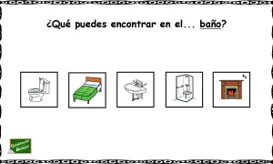 Actividades para trabajar las partes de la casa: imágenes de un inodoro, cama, lavabo, ducha y chimenea.