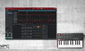 AKAI MPK mini controller and MPC Beats software on a wooden surface, ready for creating mpc beats.