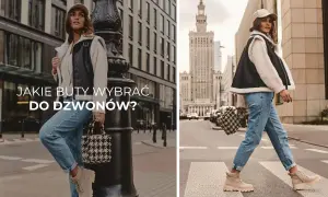 Kobieta w dzwonach i beżowych traperach. Dowiedz się, jakie buty do dzwonów wybrać, by stworzyć stylowy miejski look.