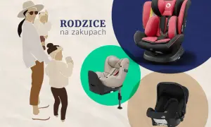 Rodzice na zakupach wybierają bezpieczny fotel dla dziecka. Różne modele fotelików samochodowych.