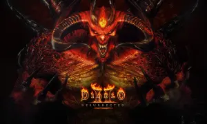 Diablo 2 Resurrected cena: przerażający demon z rogami i płonącymi oczami, logo gry.