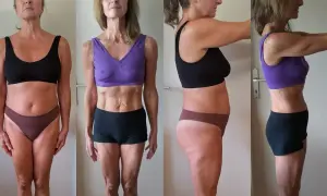 Avant/après transformation physique. La musculation des bras de cette femme est visible, avec une silhouette plus tonique.