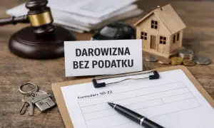 Klucze do domu, mały domek, samochód i młotek sędziowski symbolizują darowiznę w rodzinie bez podatku.