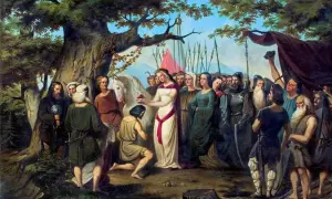 Kobieta w bieli klęka przed mężczyzną, symbolizując chrzest polski, data 966.