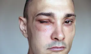 Obrzęk naczynioruchowy spowodował silne opuchnięcie lewej powieki mężczyzny, która jest zaczerwieniona i łzawiąca.