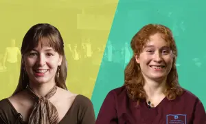 Zwei Frauen lächeln in die Kamera. Links Marie-Luisa Kunst vor einer Bühne, rechts eine Ärztin im OP-Kittel.