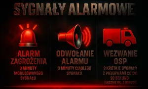 Grafika przedstawia trzy ikony: migającą syrenę alarmową, głośnik i wóz strażacki, z opisami sygnałów alarmowych.
