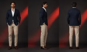 Mann im dunkelblauen Sakko, weißem Hemd und beiger Hose – ein klassischer, neuer Geld-Stil.