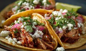 Tre saftiga carnitas-tacos med smulad ost, hackad lök och koriander. Perfekt för ett snabbt och gott carnitas recept.