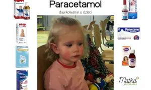 Dziecko z zaczerwienionymi policzkami obok leków z paracetamolem. Zastanawiasz się, ile paracetamolu na kg wagi dziecka podać?