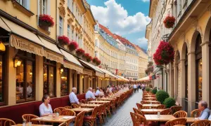 En livlig gata i Wien med många uteserveringar, perfekt för att njuta av vällagad vienna food under en solig dag.