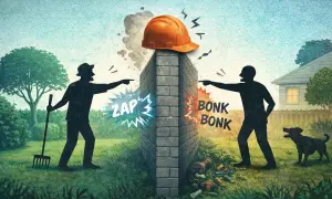 Due sagome puntano il dito contro un muro di confine tra due proprietà, con un casco arancione in cima. Suoni di "ZAP" e "BONK" indicano un conflitto.