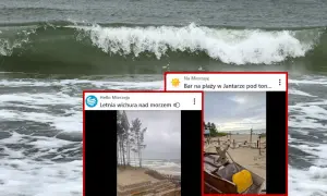 Fale rozbijają się o brzeg. Na ekranie widać fragmenty postów z Mierzei: letnia wichura i bar na plaży w Jantarze.