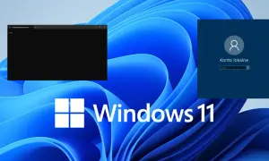 Ekran logowania Windows 11 z kontem lokalnym i otwartym wierszem poleceń, wskazujący na instalację Windows 11 bez internetu.