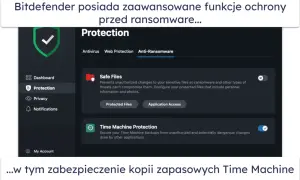 Interfejs Bitdefender pokazuje ochronę przed ransomware i Time Machine. Czy macbook potrzebuje antywirusa? Tak, by chronić dane.