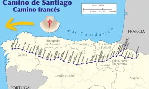 Mapa Camino Francés, szlak św. Jakuba. Pokazuje trasę od Francji do Santiago de Compostela. Skala graficzna pozwala oszacować, szlak św. Jakuba ile km ma do przejścia.