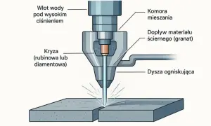 Schemat cięcia blachy strumieniem wody z materiałem ściernym. Woda pod ciśnieniem miesza się z granulatem w komorze, a następnie przez dyszę ogniskującą precyzyjnie nacina materiał.