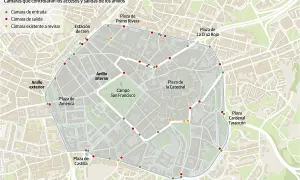 Mapa de la zona de bajas emisiones de Oviedo, mostrando cámaras de control en los anillos interior y exterior.