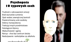 Maska skrywa uśmiech psychopaty. Na białej masce widać niebieskie oczy, a za nią zamazana postać w garniturze.