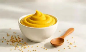 Una ciotola di senape gialla cremosa, con semi sparsi e un cucchiaio di legno. Attenzione, la senape fa ingrassare se consumata in eccesso!