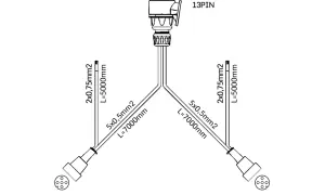 Schéma pour changer prise remorque 7 broches en 13 broches. Connecteur 13 broches avec câbles vers 5 broches (brouillard) et 5 broches (marche arrière).