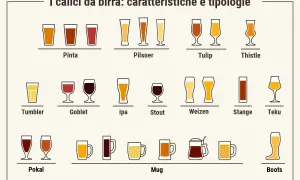 Illustrazione di vari tipi di bicchiere di birra, da Pinta a Boots, con diverse forme e colori di birra.