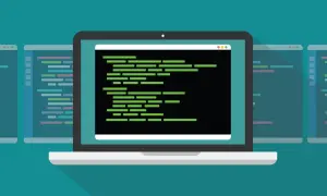 Laptop z zielonym kodem na czarnym tle, otoczony innymi oknami z kodem. Może to być wizualizacja pracy z narzędziem psexec.