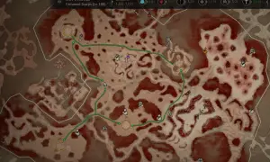 Karte von Dry Steppes mit einer grünen Route, die durch die Helltide führt. Symbole zeigen Orte und Ziele.