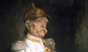 Portret Bismarcka w mundurze wojskowym, z charakterystycznym wąsem i hełmem.