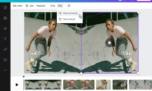 Jak zrobić odbicie lustrzane zdjęcia w Canvie? Kliknij "Flip", a następnie "Flip horizontal", aby uzyskać efekt lustrzanego odbicia.