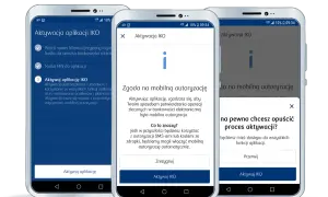 Trzy telefony pokazują kroki aktywacji aplikacji IKO. Dowiedz się, jak aktywować IKO na innym telefonie, postępując zgodnie z instrukcjami na ekranie.