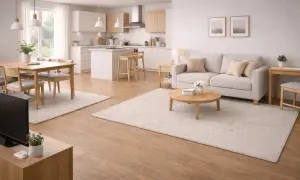 Ljust och luftigt vardagsrum med matbord och köksö. Perfekt matbord vardagsrum inspiration för ett modernt hem.