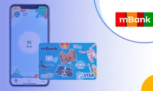 Aplikacja mBank pokazuje 35 PLN. Obok karta z pieskiem i baletkami, idealna do nauki jak przelać pieniadze z konta junior mbank.