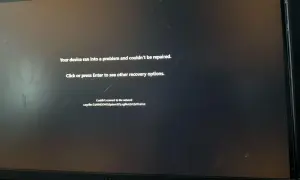 Ekran komputera z komunikatem błędu "Your device ran into a problem and couldn't be repaired.