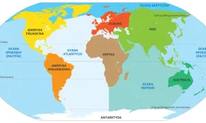 Mapa świata z zaznaczonymi kontynentami: Europa, Azja (największy kontynent), Afryka, Ameryka Północna i Południowa, Australia.