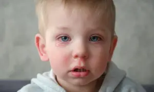 Mały chłopiec z niebieskimi oczami, jedno oko zaczerwienione i łzawiące, co sugeruje ból oka u dziecka.