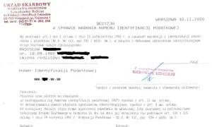 Decyzja Urzędu Skarbowego o nadaniu numeru identyfikacji podatkowej (NIP).