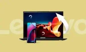 Jak zresetować tablet Lenovo? Laptop i smartfon Lenovo z pytajnikami i strzałką wskazującą na odświeżenie.