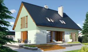 Nowoczesny projekt elewacji starego domu z jasnymi ścianami, drewnianymi elementami i ciemnym dachem.