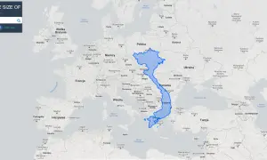 Powierzchnia Wietnamu porównana z Europą. Widać, jak duży jest Wietnam w stosunku do Polski i innych krajów.