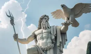 Statue du roi des dieux grecs, Zeus, tenant un trident et un aigle, sous un ciel orageux.