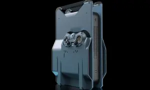 Futurystyczna konsola, przypominająca projekt playstation 7, z wbudowanym kontrolerem i uchwytem.